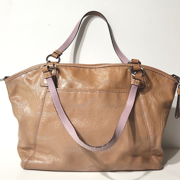 Coach Signature Stitch Patent Leather Tan with Lavender Large Tote Bag - Picture 3 of 16